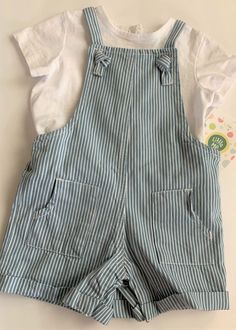 From Little Me, this is an infant jumper set. Size 12 months, two pieces--coveralls & top. Overalls are blue & white striped with back pockets, elastic back waist, snaps at crotch. Short sleeve white top has snaps in back. NEW WITH TAG..retail price $40. Cotton Shortalls With Pockets For Playtime, Striped Cotton Overalls For Spring, Spring Striped Cotton Overalls, Striped Cotton Overalls, Blue Shortalls For Spring Playtime, Spring Playtime White Overalls, Striped Cotton Overall Jumpsuits And Rompers, White Overalls For Playtime In Spring, White Overalls For Spring Playtime