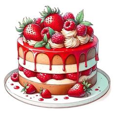 a drawing of a cake with strawberries on top