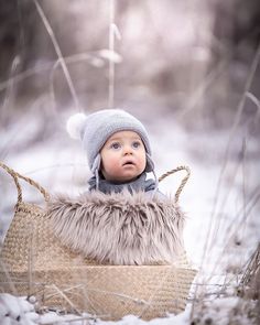 a baby is sitting in a sled with fur on it's back and wearing a hat