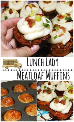 lunch lady meatloaf muffins with cream cheese frosting and bacon on top