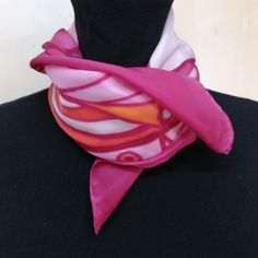 Square scarf decorated with fantasy motifs, doodle art type in fuchsia, orange, burgundy and pink colors. Very striking and original Pink Bohemian Scarf As Gift, Pink Bohemian Silk Scarf, Elegant Handmade Pink Silk Scarf, Handmade Pink Silk Scarf, Handmade Pink Silk Scarves, Artistic Pink Silk Scarf, Pink Artistic Scarf Gift, Silk Scarf Painting, Sacred Symbols