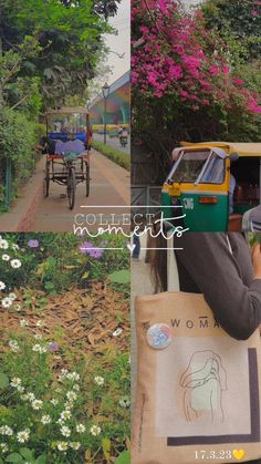 a collage of photos with flowers and people riding in a rickshaw on the street