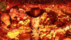 several cartoon figures are in the middle of a pile of autumn leaves and gold foil