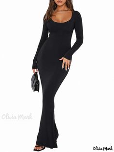 Olivia Mark - Sleek Long-Sleeve Bodycon Maxi Dress Black Evening Gown, Bodycon Maxi Dress, Halter Neck Maxi Dress, Wrap Around Skirt, Bodycon Maxi Dresses, Dress Satin, Patchwork Dress, Slim Dresses, U Neck