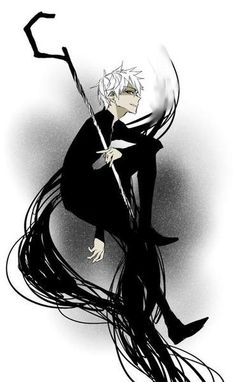 an anime character with long black hair and white hair, holding a sception