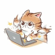 a drawing of a cat with glasses on its head using a laptop computer while flying through the air