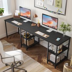 a computer desk with two monitors sitting on top of it