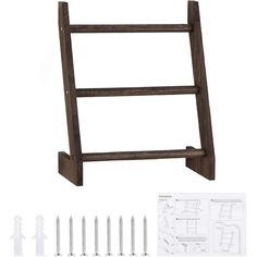 a wooden shelf with screws and nails on it, next to the instructions for how to