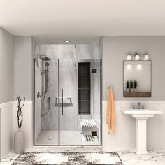 a bathroom with a sink, mirror and shower stall in the middle of the room