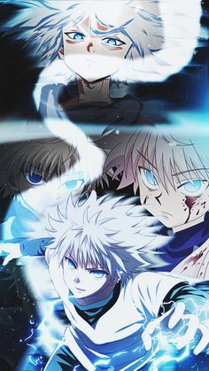 two anime characters with white hair and blue eyes, one is holding his head in the air