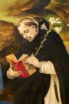 a painting of a man holding a book and flower