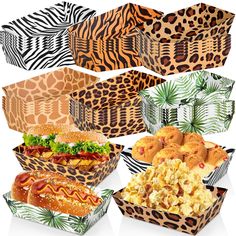 six different take out boxes with food in them and some designs on the top one