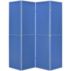 a blue room divider with holes in the middle and two yellow handles on each side