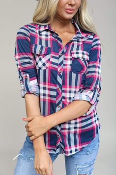 Far cuter than your average lumberjack shirt, this Plaid Button-Down Top will become a cold-weather clothing staple in your wardrobe. This flattering and functional shirt features a cozy, button-down design with a wonderful stretch in the fabric. With many different color choices, it is versatile enough to wear with just about anything, and its loose yet tailored fit will ensure you stay comfortable all day long. Pair this plaid shirt with a vest and your favorite jeans for an effortlessly cute Cold Weather Clothing, Magic Clothes, Hawes And Curtis, Womens Flannel Shirt, Gingham Shirt, Cold Weather Outfits, Lumberjack, Plaid Tops, Navy Tops