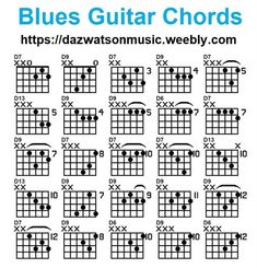 the blues guitar chords are arranged in rows and on top of each other, with different symbols