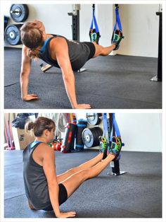 a woman is doing exercises on the floor