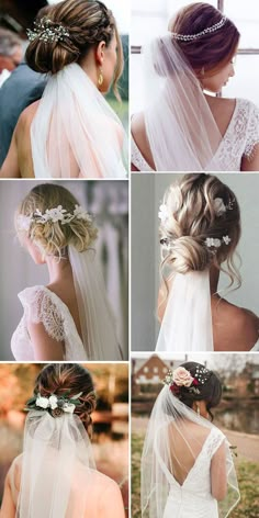 wedding hairstyles with veils and flowers in the back, from top to bottom