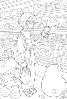 a person looking at an item in a store with shelves full of fruit and vegetables