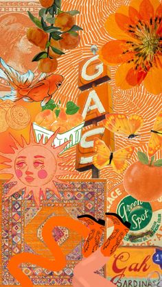 an image of collage with oranges and flowers on it's side, including the word peace