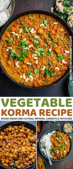 vegetable korma recipe in a skillet with different pictures and text overlays