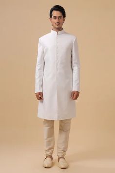 Shop for Raghavendra Rathore Blue Off White Tr Mandarin Collar Achkan for Men Online at Aza Fashions White Classic Kurta For Formal Occasions, White Kurta For Semi-formal Festive Occasions, White Semi-formal Kurta For Festive Occasions, White Traditional Semi-formal Wear, White Stand Collar Bandhgala For Wedding, White Semi-formal Traditional Wear For Festive Occasions, White Nehru Jacket With Stand Collar For Formal Occasions, White Bandhgala With Stand Collar For Wedding, White Semi-formal Festive Kurta