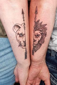 two people holding hands with tattoos on their arms, one has a lion and the other is