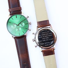 Men's Architect Motivator Green Face Watch Walnut Strap with Modern Font Engraving The Envy Green combined with the classic dark brown leather strap makes this watch a striking classic. The three chronograph subdials are perfect for the multi-timezone person and just simply look amazing. A watch designed to last yet is perfect for everyday use. The back of the watch was specifically designed to have the ideal space for an engraved message of your choice. Just provide us with your wording and we will perfectly engrave it using a modern font. The Architect Motivator has a huge 32mm x 30mm engravable area where your engraved message can have up to 216 characters of text over 10 lines.  Lastly, we understand there's nothing quite like unboxing a luxurious gift and that's exactly why we have th Personalized Watches, Watch Engraving, Modern Fonts, Brown Leather Strap, Watch Model, Dark Brown Leather, Stainless Steel Band, Wristwatch Men, Keepsake Gift