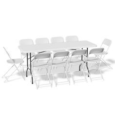 a table and chairs are arranged in the shape of a rectangle with four folding chairs on each side