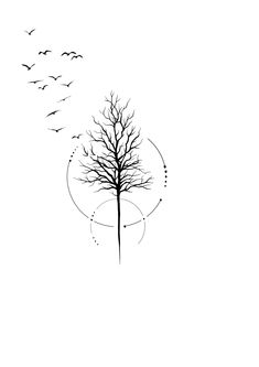 a black and white drawing of a tree with birds flying around it