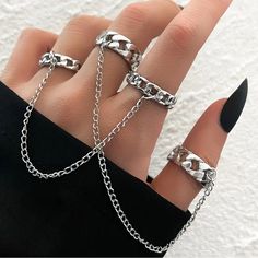 Silver Chain Rings, Four Finger Stacking Attached, Tassel, Chain Rings. Punk Style Women, Cool Rings, Chain Butterfly, Chain Rings, Beach Birthday, Goth Jewelry, Rings Fashion