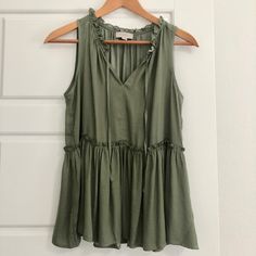 Super Silky And Feminine Top In A Gorgeous Sage Green. Never Worn. Sleeveless Rayon Top With Ruffles, Sleeveless Ruffled Rayon Tops, Celery Green, Sage Green Color, Feminine Top, Loft Outlet, Ruffle Top, Celery, Sage Green