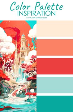 the color palette for an art project with water, trees and buildings in red, blue,