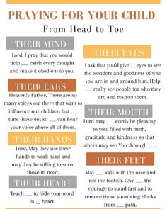 a poster with the words praying for your child from head to toe and their eyes