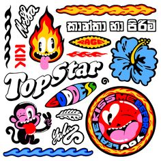 an assortment of stickers that include cartoon characters and symbols, including flamings, fireball