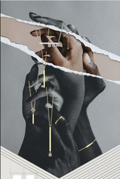 a poster with torn up pieces of paper and gold jewelry hanging from it's sides