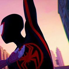 an animated spider - man in front of a cityscape