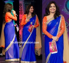 Singer Sunitha in Blue Saree Singer Sunitha Sarees, Singer Sunitha, Latest Saree Blouse, Pattu Saree Blouse Designs