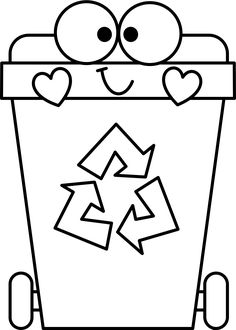 a cartoon trash can with hearts and eyes on the side, in black and white