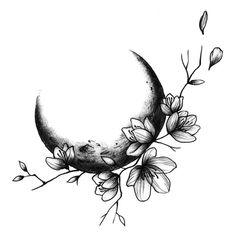 a black and white drawing of a half moon with flowers on the branch in front of it