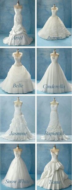 four pictures of wedding gowns on mannequins with the words cinderella written across them