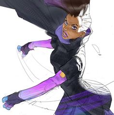 a drawing of a woman in purple and black with her arms spread out to the side