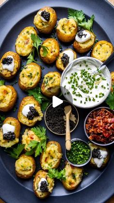 a blue plate topped with different types of appetizers