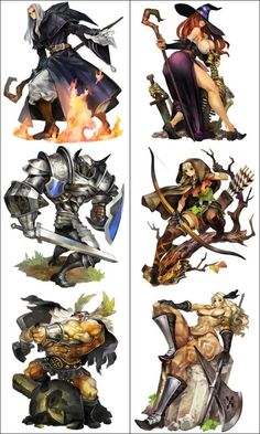 four different pictures of people with swords and armor