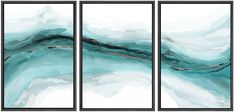 three abstract paintings with blue and white colors