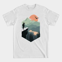 Vast Views - Mountains - T-shirt Mountain Cliff, Mountain Shirts, Travel Tshirt, Cool Shirt Designs, T Shirt Painting, Mountain Shirt, Shirt Business, Inspirational Tshirts, Shirt Design Inspiration