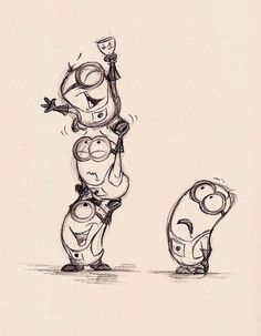 a pencil drawing of two cartoon characters standing next to each other, one holding a light bulb