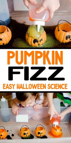 pumpkin fizz is an easy halloween science experiment for kids to make and play with