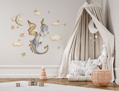 a child's room with a canopy and wall decals