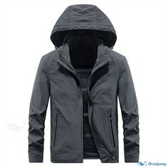 OrcaJump – Zipper-Front Hooded Jacket. – OrcaJump Store Casual Solid Hooded Jacket For Hiking, Spring Windproof Hooded Jacket, Gray Hooded Parka For Outdoor Activities, Spring Hooded Jacket For Outdoor Activities With Zipper, Casual Windproof Hooded Jacket For Spring, Gray Hooded Jacket With Drawstring For Outdoor, Spring Outdoor Hooded Jacket, Gray Hooded Jacket With Double-lined Hood For Outdoor Activities, Gray Hooded Jacket With Double-lined Hood For Outdoor