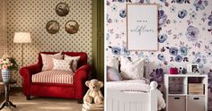 two pictures one with a red chair and the other with floral wallpaper in it